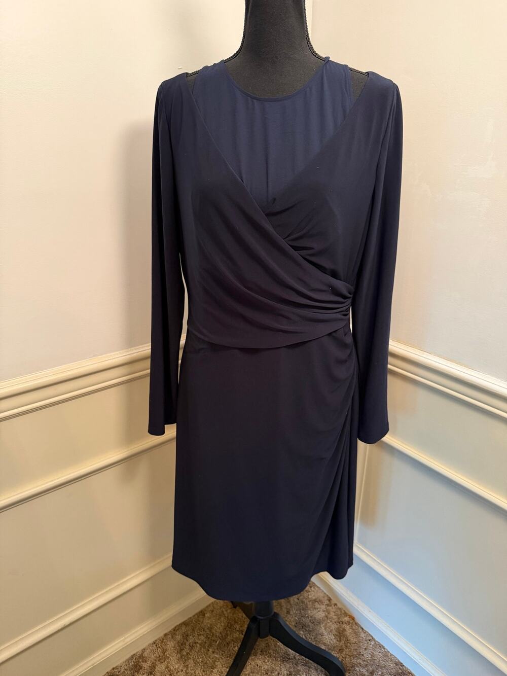 Lauren Ralph Lauren Navy Blue Ruched Faux Wrap Midi Dress Sheer Mesh Insert